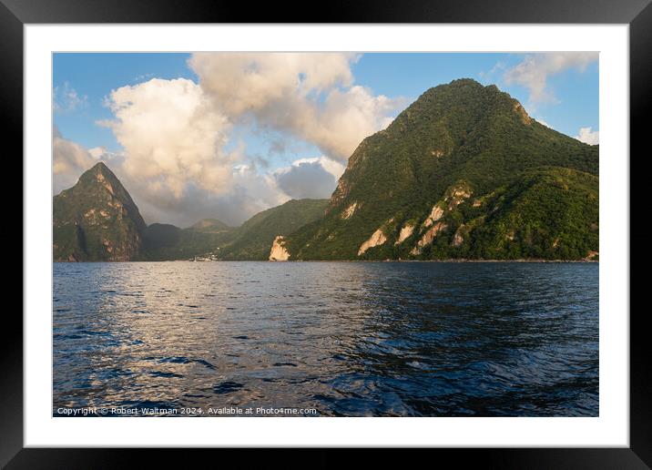 Gros Piton and distant Petit Piton are viewed from the Caribbean Sea. Framed Mounted Print by Robert Waltman