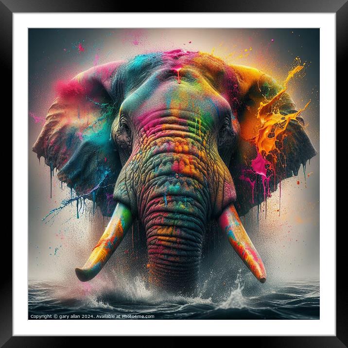 Charging Elephant covered in paint  Framed Mounted Print by gary allan