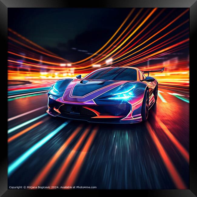 Speeding sport car on neon highway, created with generative AI Framed Print by Mirjana Bogicevic
