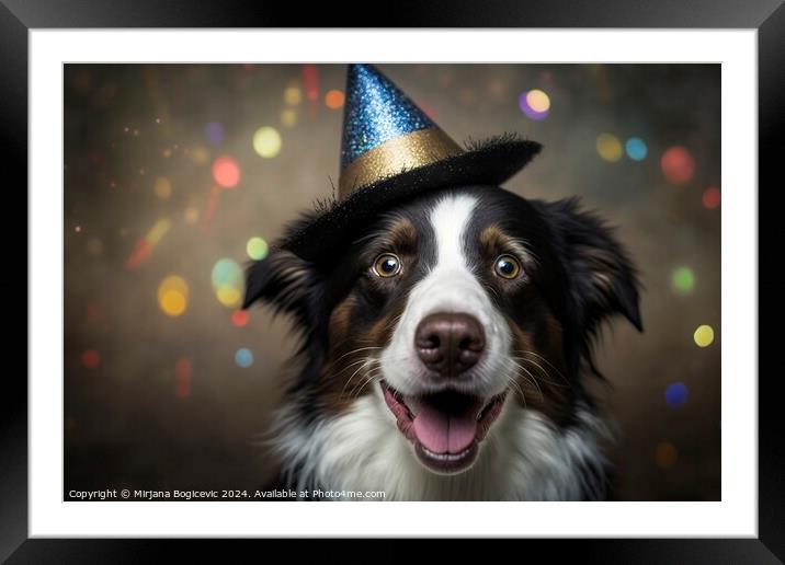 Cute dog with celebration hat, created with generative AI Framed Mounted Print by Mirjana Bogicevic
