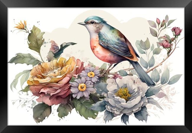 Vintage watercolor painting of flowers and bird Framed Print by Mirjana Bogicevic