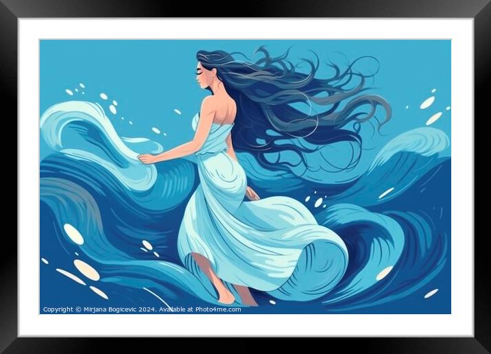 Illustration of woman with flowing hair dance in the ocean Framed Mounted Print by Mirjana Bogicevic