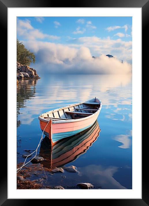 Rowboat on the calm water, created with generative AI Framed Mounted Print by Mirjana Bogicevic