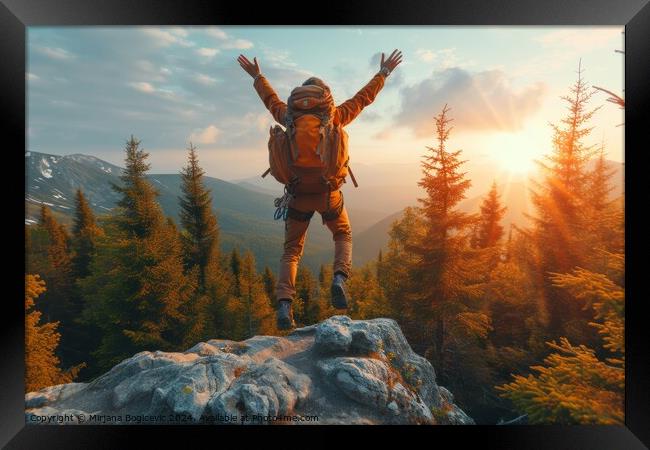 Jubilant Hiker Celebrates Sunset Atop a Mountainous Vista Framed Print by Mirjana Bogicevic