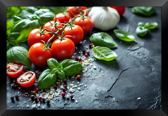 Fresh Garden Tomatoes and Basil on a Textured Black Surface Under Soft Light, Symbolizing Mediterranean Cuisine Created With Generative AI Technology Framed Print by Mirjana Bogicevic