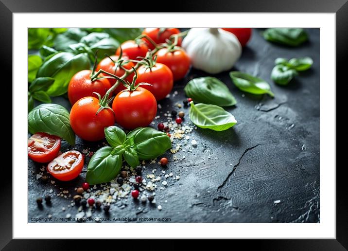 Fresh Garden Tomatoes and Basil on a Textured Black Surface Under Soft Light, Symbolizing Mediterranean Cuisine Created With Generative AI Technology Framed Mounted Print by Mirjana Bogicevic