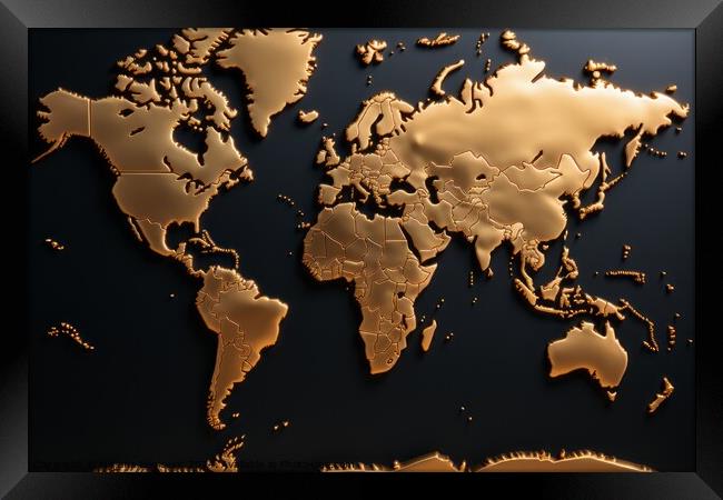 Simple gold world map Framed Print by Mirjana Bogicevic