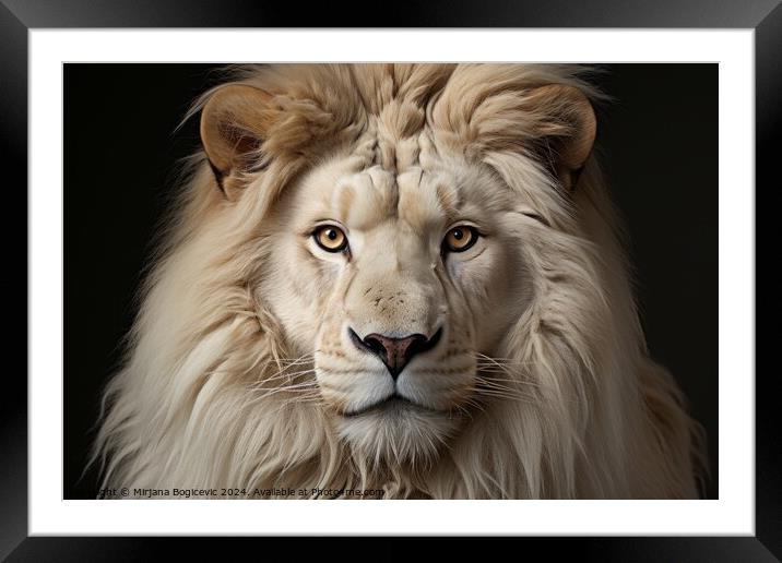 Majestic White Lion Portrait Captured in Intimate Studio Setting Framed Mounted Print by Mirjana Bogicevic