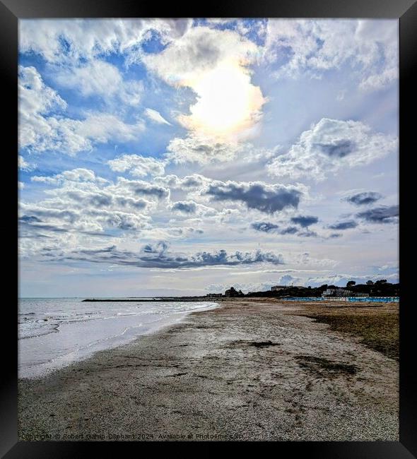 Sun in clouds over beach Framed Print by Robert Galvin-Oliphant