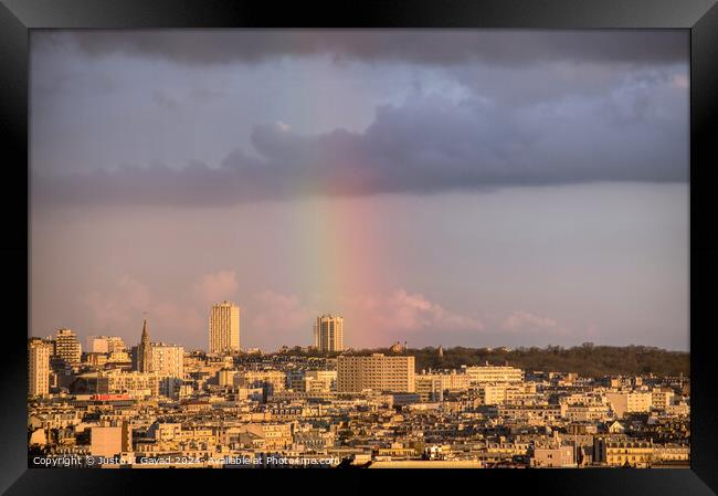 Cityscape Paris with a rainbow Framed Print by Justo II Gayad