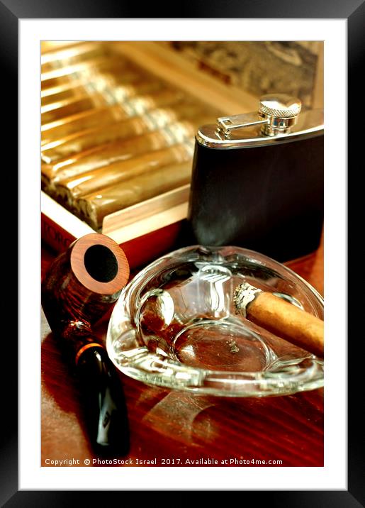 pipe, cigars and a flask of scotch whiskey  Framed Mounted Print by PhotoStock Israel