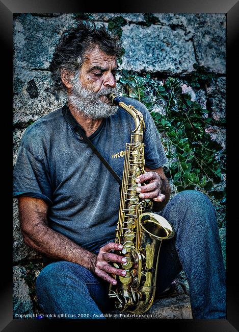 Busting a tune on the saxophone Framed Print by mick gibbons
