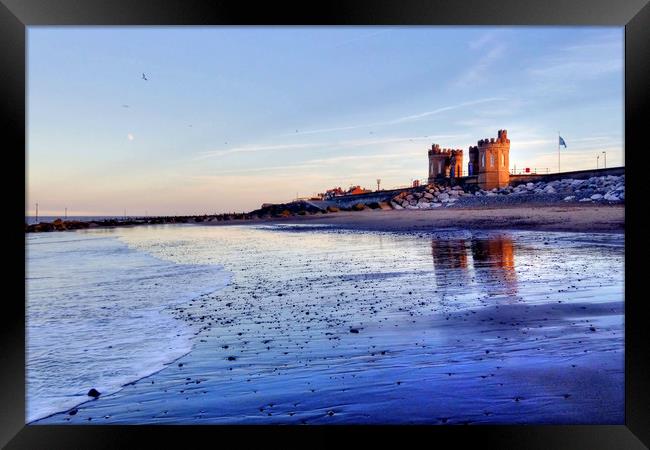 Withernsea Sunset and Moon Framed Print by Sarah Couzens