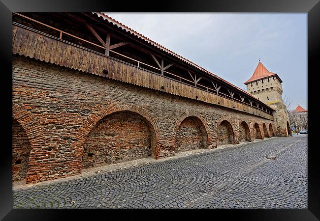 Fortress wall and two towers Sibiu Romania Framed Print by Adrian Bud