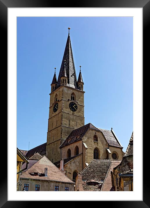 Evangelical Cathedral Sibiu Romania tower on blue  Framed Mounted Print by Adrian Bud