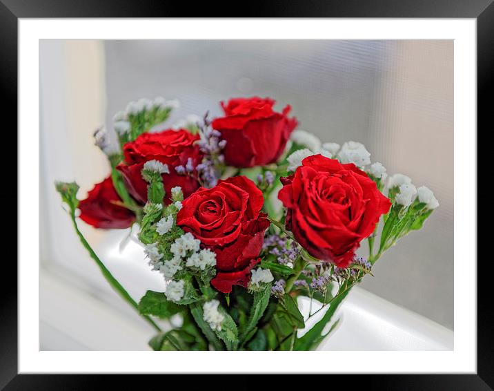 Bouquet of red roses with white carnations Framed Mounted Print by Adrian Bud