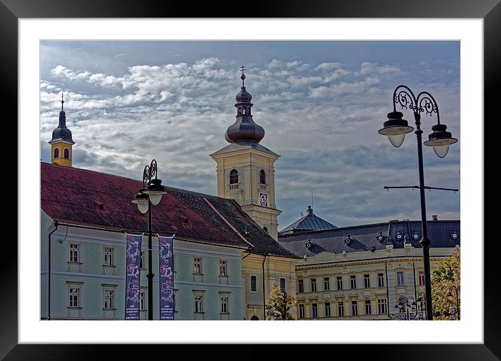 City Hall near Chatolic Cathedral Sibiu Romania Framed Mounted Print by Adrian Bud