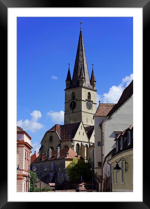 Evangelical Cathedral Sibiu Romania tower with blu Framed Mounted Print by Adrian Bud