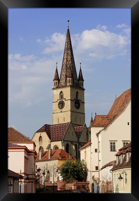 Evangelical Cathedral Sibiu Romania tower on blue  Framed Print by Adrian Bud
