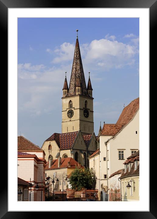 Evangelical Cathedral Sibiu Romania tower on blue  Framed Mounted Print by Adrian Bud