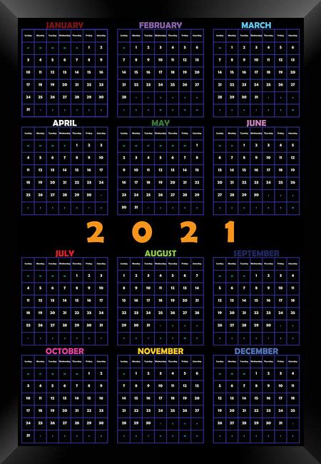 2021 Annual Planner Calendar on black editable space Framed Print by Adrian Bud