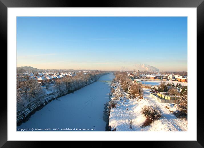 Manchester Ship Canal Snow Scene Framed Mounted Print by James Lavott