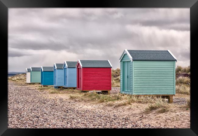 Beach Huts by Findhorn Beach Framed Print by Jacqi Elmslie