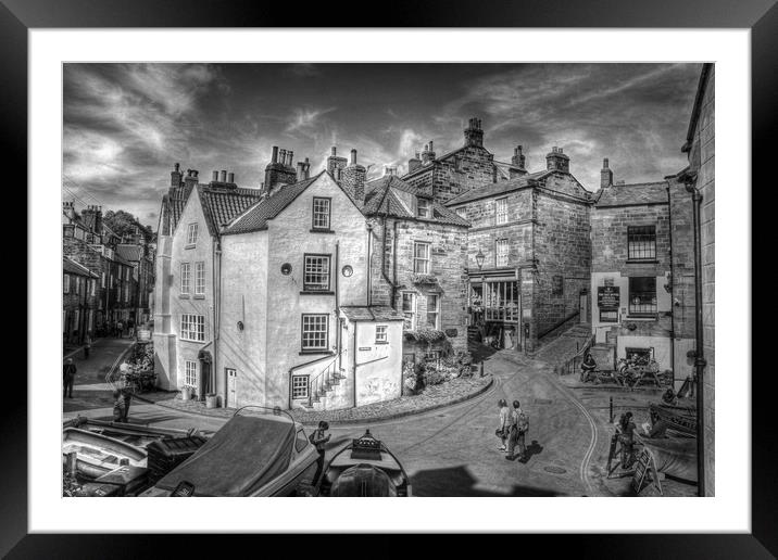 ROBIN HOODS BAY VILLAGE 2011 black and white Framed Mounted Print by Martin Parkinson