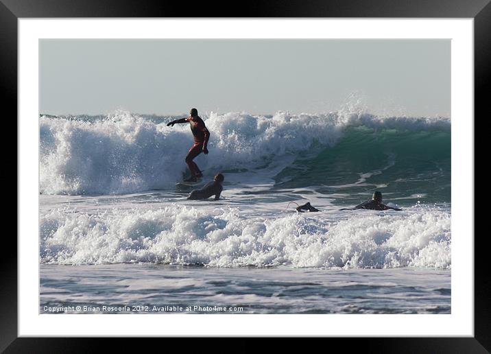 Surfers at Porthtowan Cornwall Framed Mounted Print by Brian Roscorla