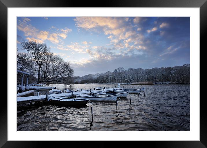Rowing boats in Snow Framed Mounted Print by Stephen Mole