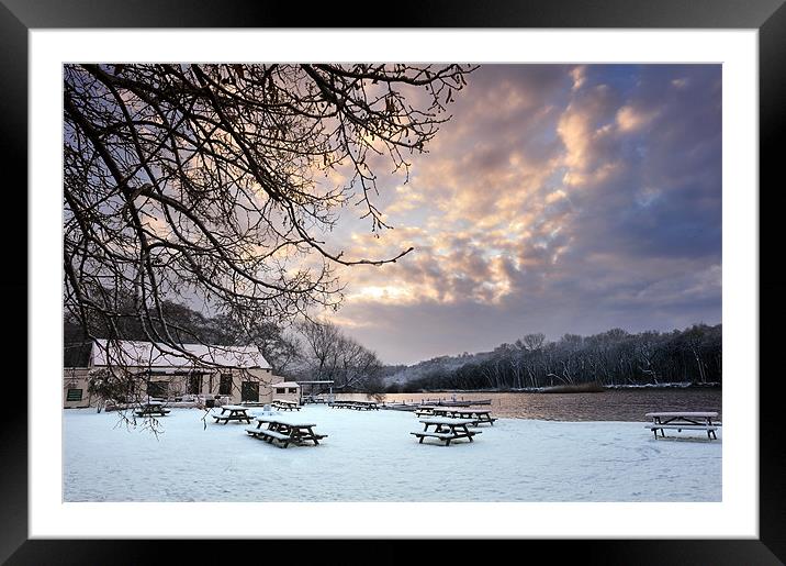 Benches in the snow Framed Mounted Print by Stephen Mole