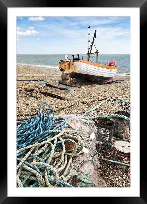 Rope, net, bins and boat Framed Mounted Print by Stephen Mole