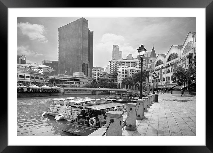 Clarke Quay, Singapore. Black and white Framed Mounted Print by Stephen Mole