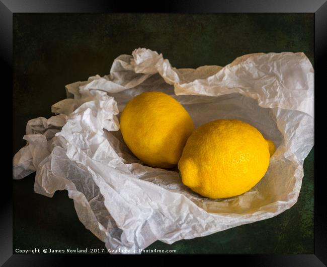 Lemons on Tissue paper Framed Print by James Rowland