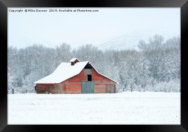Winter Red Barn Framed Print by Mike Dawson