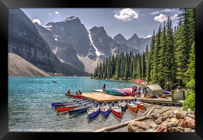 Morraine Lake Kayaks Framed Print by Rob Hawkins