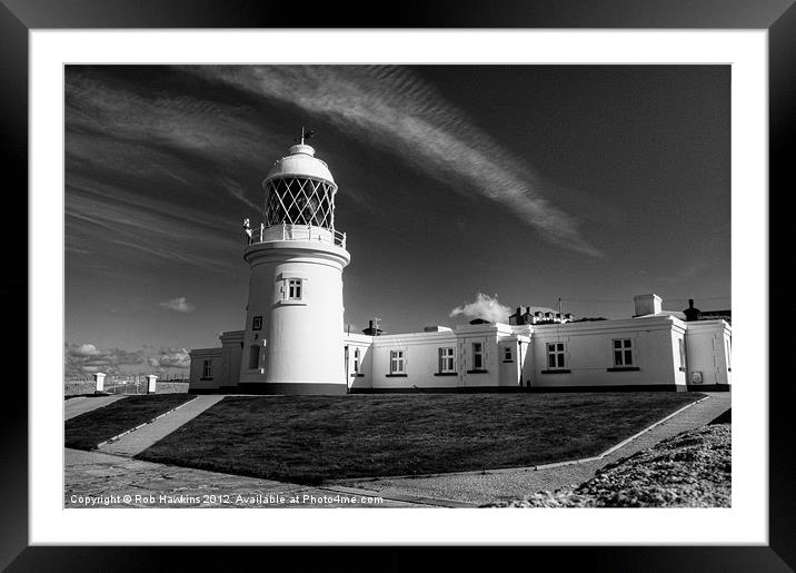 Pendeen Lighthouse in mono Framed Mounted Print by Rob Hawkins