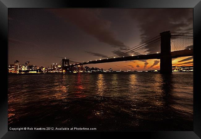 Dusk over the Brooklyn Bridge Framed Print by Rob Hawkins