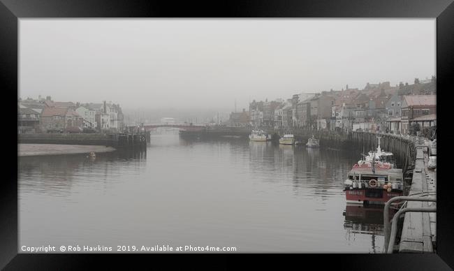 Whitby Harbour fog Framed Print by Rob Hawkins