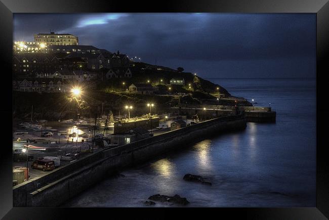 Newquay harbour by night Framed Print by Rob Hawkins