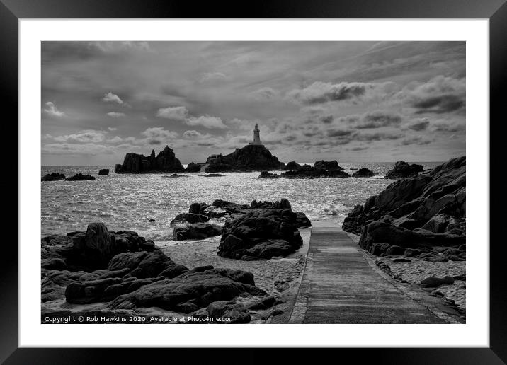La Corbiere Lighthouse in mono Framed Mounted Print by Rob Hawkins