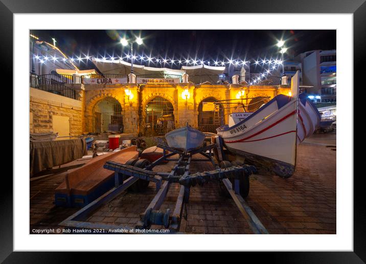 St Julians boat by Night Framed Mounted Print by Rob Hawkins