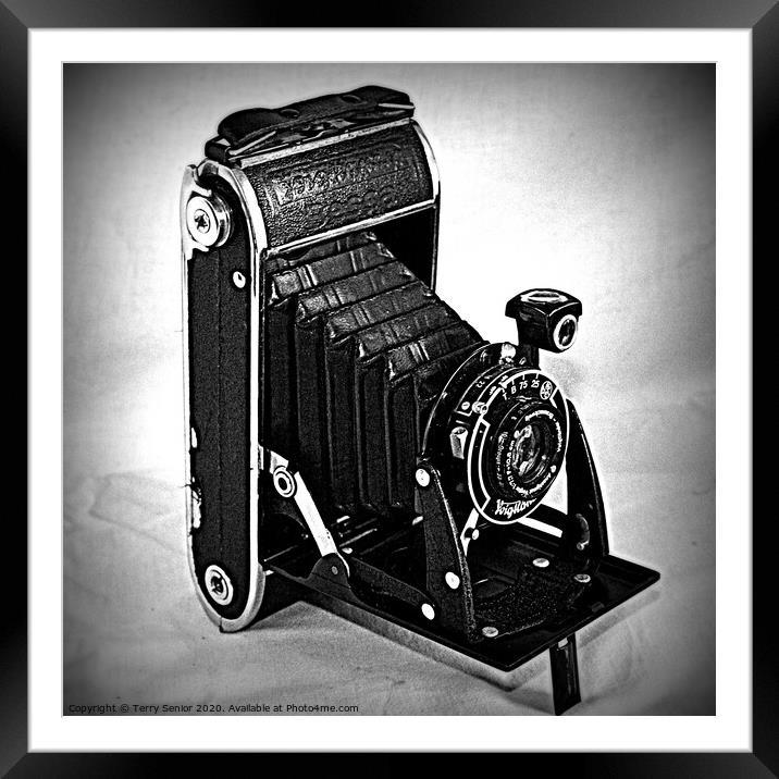 Voigtlander Vintage Film Camera in Black and White Framed Mounted Print by Terry Senior