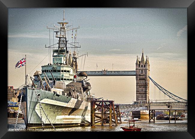 HMS Belfast and Tower Bridge on the River Thames Framed Print by Terry Senior