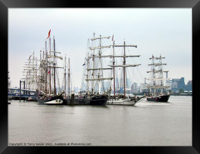 Oosterschelde, Thalassa, Tolkien and Mercedes on the Thames in Greenwich Framed Print by Terry Senior