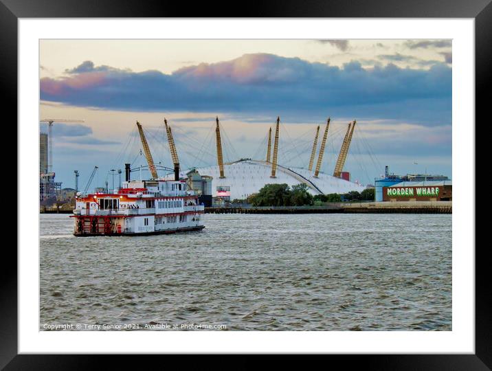 The Dixie Queen paddle boat approaches the O2 Buil Framed Mounted Print by Terry Senior