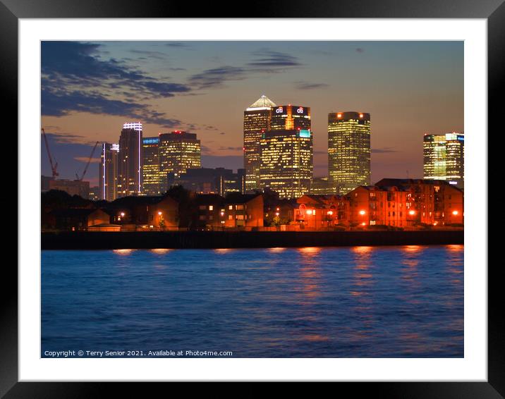 Isle of Dogs Canary Wharf the River Thames at Dusk Framed Mounted Print by Terry Senior