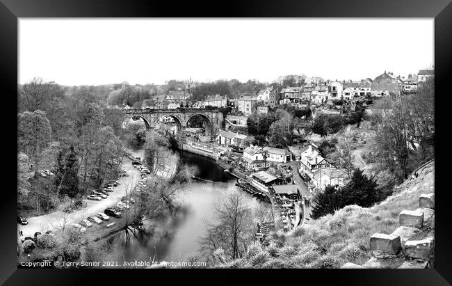 Panoramic View of Knaresborough Showing the River Nidd in black and white. Framed Print by Terry Senior