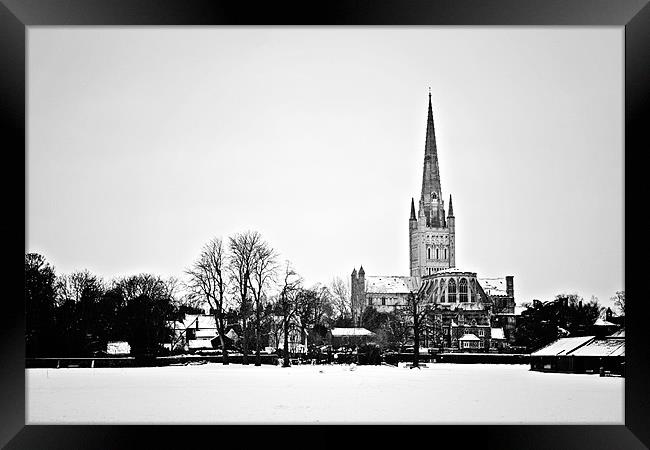 Norwich Cathedral in the Snow Framed Print by Paul Macro