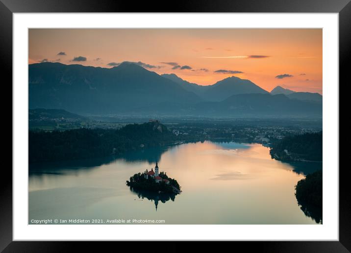 Sunrise over Lake Bled from Mala Osojnica Framed Mounted Print by Ian Middleton